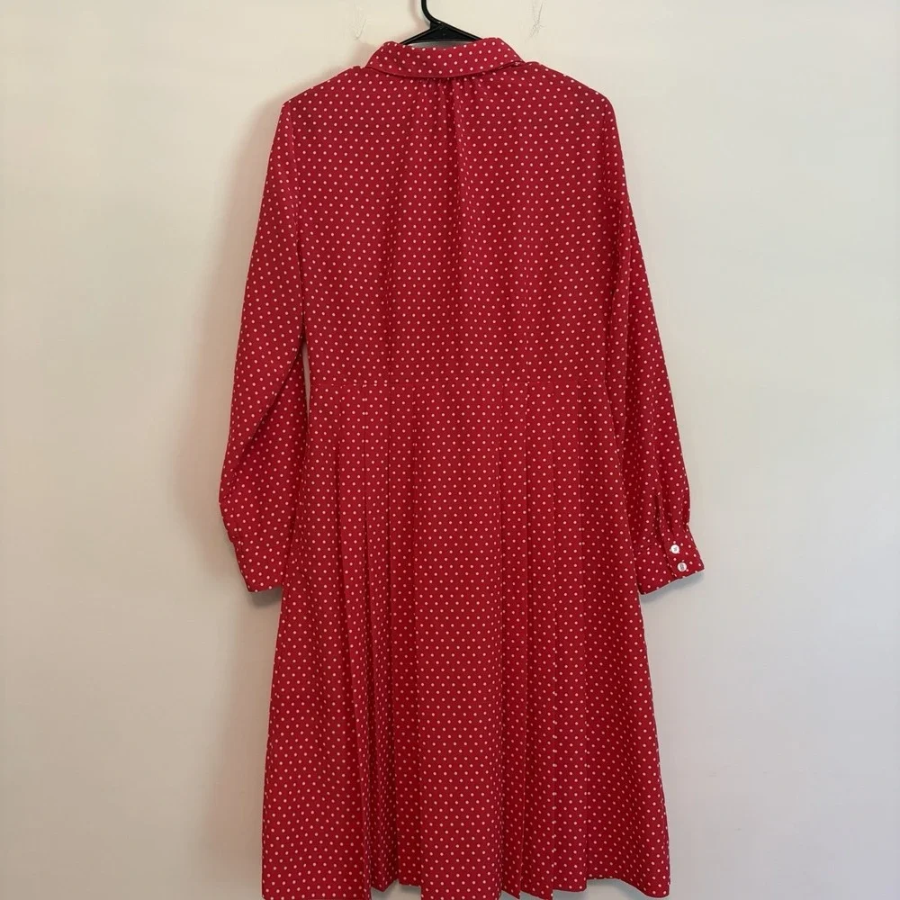 Draper James Midi Dress Sz 8 Red Polka Dot Longsleeve‎ Pleats Retro Vintage Vibe